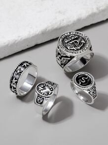 時尚流行4件套男士蛇紋裝飾戒指合金適合珠寶禮物和時尚外觀 - 復古銀色 - 查看 4