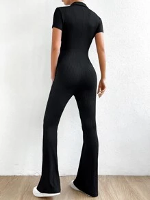 SHEIN EZwear Solid Ribbed Knit Zip Up Flare Leg Jumpsuit - Black - View 2