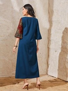 Al Najma Graphic Print Flounce Sleeve Modest Dress - Navy Blue - View 2