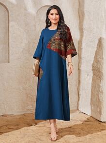 Al Najma Graphic Print Flounce Sleeve Modest Dress - Navy Blue - View 4