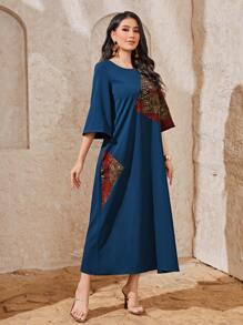 Al Najma Graphic Print Flounce Sleeve Modest Dress - Navy Blue - View 5