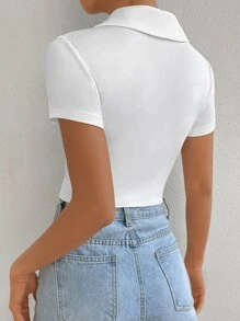 SHEIN EZwear Ruched Button Front Crop Tee - White - View 2