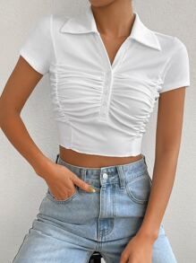 SHEIN EZwear Ruched Button Front Crop Tee - White - View 3