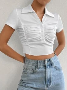SHEIN EZwear Ruched Button Front Crop Tee - White - View 1