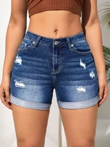 SHEIN EZwear Ripped Roll Up Hem Denim Shorts - Dark Wash - View 1