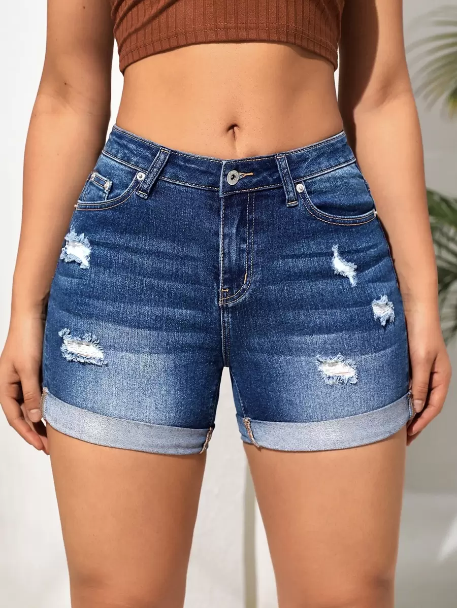 SHEIN EZwear Ripped Roll Up Hem Denim Shorts - Dark Wash - View 1