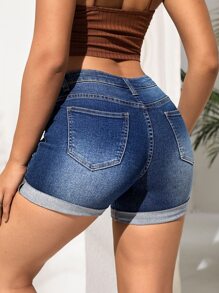 SHEIN EZwear Ripped Roll Up Hem Denim Shorts - Dark Wash - View 2
