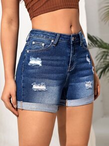 SHEIN EZwear Ripped Roll Up Hem Denim Shorts - Dark Wash - View 5