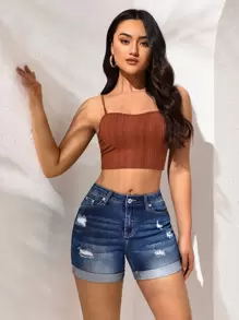 SHEIN EZwear Ripped Roll Up Hem Denim Shorts - Dark Wash - View 6