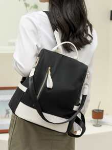 Waterproof,Anti Theft Colorblock Zip Front Backpack For Women, Rookies & White-Collar Workers, Durable Stylish Practical Black And White Contrast Color Back Open Pocket, Anti-Theft Function, Can Hold Mobile Phone Tablet Ipad, Multi-Purpose Shoulder Bag Messenger Bag Suitable For Travel, Travel, Outings, Outdoor College Students, Young People, Girls, Old People, School Backpack