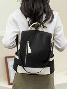 Waterproof,Anti Theft Colorblock Zip Front Backpack For Women, Rookies & White-Collar Workers, Durable Stylish Practical Black And White Contrast Color Back Open Pocket, Anti-Theft Function, Can Hold Mobile Phone Tablet Ipad, Multi-Purpose Shoulder Bag Messenger Bag Suitable For Travel, Travel, Outings, Outdoor College Students, Young People, Girls, Old People, School Backpack