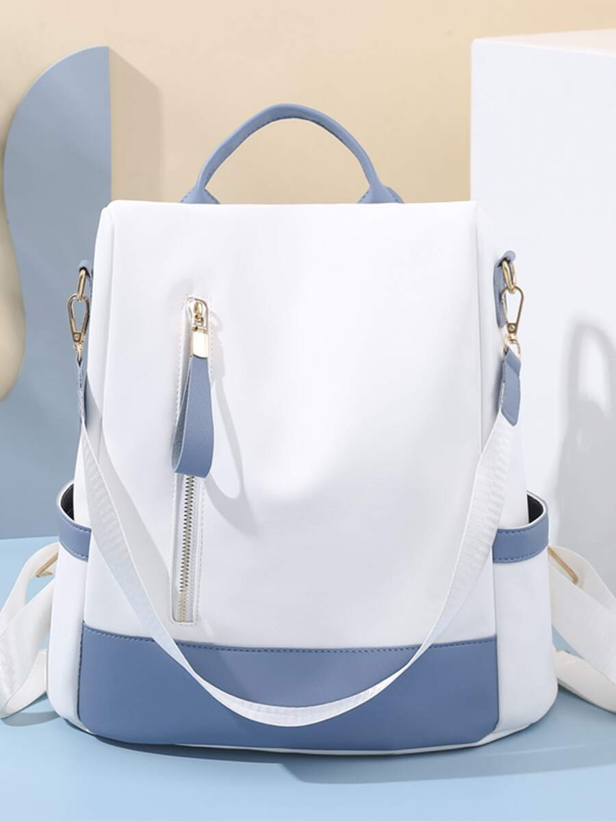 Waterproof,Anti Theft Colorblock Zip Front Backpack For Women, Rookies & White-Collar Workers, Stylish Practical White And Blue Color Contrast, Zipper Window Back Pocket, Anti-Theft Function, Mobile Phone Tablet Ipad, Multi-Purpose Shoulder Bag Messenger Bag Travel, Travel, Outing, Outdoor College Students, Young People, Girls, Old PeopleSchool Backpack,School Bag,Backpack For School,Back To School,Big Backpack,Classic Casual, Suitable For Teen Girls Women College Students, Perfect For Back To School,College,Middle School, High School , Blue