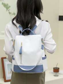 Waterproof,Anti Theft Colorblock Zip Front Backpack For Women, Rookies & White-Collar Workers, Stylish Practical White And Blue Color Contrast, Zipper Window Back Pocket, Anti-Theft Function, Mobile Phone Tablet Ipad, Multi-Purpose Shoulder Bag Messenger Bag Travel, Travel, Outing, Outdoor College Students, Young People, Girls, Old PeopleSchool Backpack,School Bag,Backpack For School,Back To School,Big Backpack,Classic Casual, Suitable For Teen Girls Women College Students, Perfect For Back To School,College,Middle School, High School , Blue