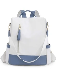 Waterproof,Anti Theft Colorblock Zip Front Backpack For Women, Rookies & White-Collar Workers, Stylish Practical White And Blue Color Contrast, Zipper Window Back Pocket, Anti-Theft Function, Mobile Phone Tablet Ipad, Multi-Purpose Shoulder Bag Messenger Bag Travel, Travel, Outing, Outdoor College Students, Young People, Girls, Old PeopleSchool Backpack,School Bag,Backpack For School,Back To School,Big Backpack,Classic Casual, Suitable For Teen Girls Women College Students, Perfect For Back To School,College,Middle School, High School , Blue