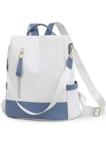 Waterproof,Anti Theft Colorblock Zip Front Backpack For Women, Rookies & White-Collar Workers, Stylish Practical White And Blue Color Contrast, Zipper Window Back Pocket, Anti-Theft Function, Mobile Phone Tablet Ipad, Multi-Purpose Shoulder Bag Messenger Bag Travel, Travel, Outing, Outdoor College Students, Young People, Girls, Old PeopleSchool Backpack,School Bag,Backpack For School,Back To School,Big Backpack,Classic Casual, Suitable For Teen Girls Women College Students, Perfect For Back To School,College,Middle School, High School , Blue
