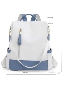 Waterproof,Anti Theft Colorblock Zip Front Backpack For Women, Rookies & White-Collar Workers, Stylish Practical White And Blue Color Contrast, Zipper Window Back Pocket, Anti-Theft Function, Mobile Phone Tablet Ipad, Multi-Purpose Shoulder Bag Messenger Bag Travel, Travel, Outing, Outdoor College Students, Young People, Girls, Old PeopleSchool Backpack,School Bag,Backpack For School,Back To School,Big Backpack,Classic Casual, Suitable For Teen Girls Women College Students, Perfect For Back To School,College,Middle School, High School , Blue