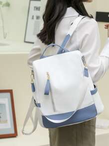 Waterproof,Anti Theft Colorblock Zip Front Backpack For Women, Rookies & White-Collar Workers, Stylish Practical White And Blue Color Contrast, Zipper Window Back Pocket, Anti-Theft Function, Mobile Phone Tablet Ipad, Multi-Purpose Shoulder Bag Messenger Bag Travel, Travel, Outing, Outdoor College Students, Young People, Girls, Old PeopleSchool Backpack,School Bag,Backpack For School,Back To School,Big Backpack,Classic Casual, Suitable For Teen Girls Women College Students, Perfect For Back To School,College,Middle School, High School , Blue