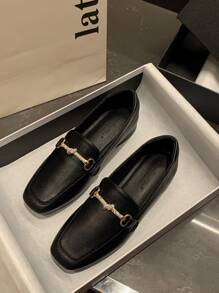 HanDuEke Mocasines planos con diseño de diamante de imitación de punta cuadrada - Negro - Ver 2