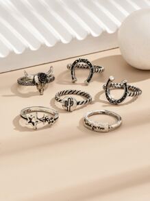6入組/套黃牛頭和星形裝飾戒指 - 復古銀色 - 查看 1