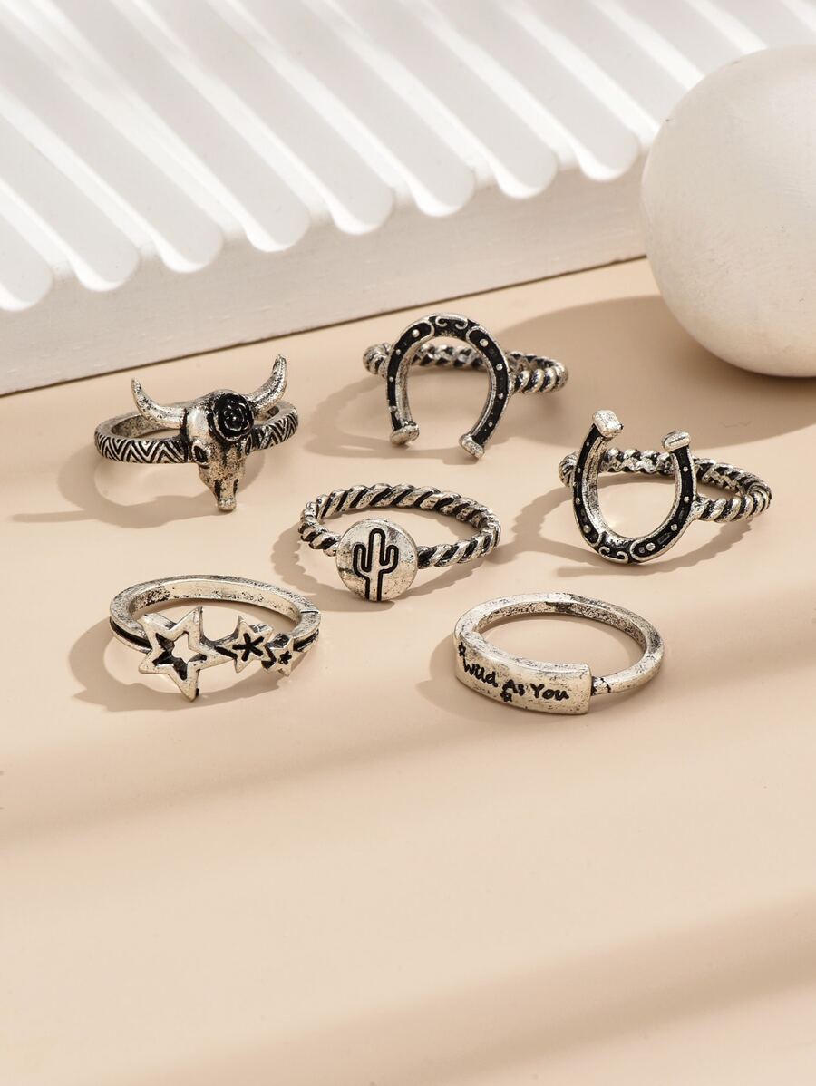 6入組/套黃牛頭和星形裝飾戒指 - 復古銀色 - 查看 1