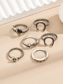 6入組/套黃牛頭和星形裝飾戒指 - 復古銀色 - 查看 2