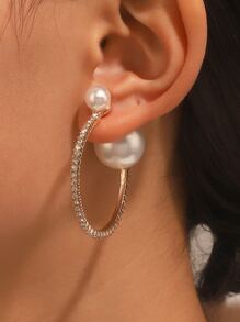 Rhinestone & Faux Pearl Decor Cuff Hoop Earrings - Yellow Gold - View 1