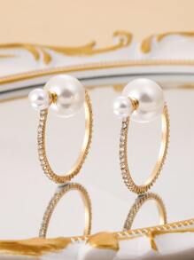 Rhinestone & Faux Pearl Decor Cuff Hoop Earrings - Yellow Gold - View 2