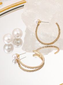 Rhinestone & Faux Pearl Decor Cuff Hoop Earrings - Yellow Gold - View 4