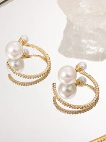 Rhinestone & Faux Pearl Decor Cuff Hoop Earrings - Yellow Gold - View 5