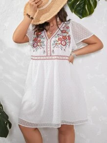 SHEIN VCAY Đầm Plus Size Thêu Hoa Boho - trắng - Xem 3