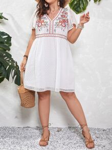 SHEIN VCAY Đầm Plus Size Thêu Hoa Boho - trắng - Xem 4