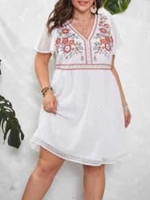 SHEIN VCAY Đầm Plus Size Thêu Hoa Boho - trắng - Xem 7