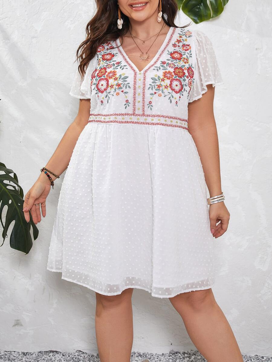 SHEIN VCAY Đầm Plus Size Thêu Hoa Boho - trắng - Xem 1
