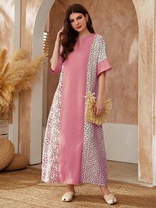 Al Najma Contrast Floral Print Notch Neck Dress Kaftan Jalabiya Dress - Pink - View 1