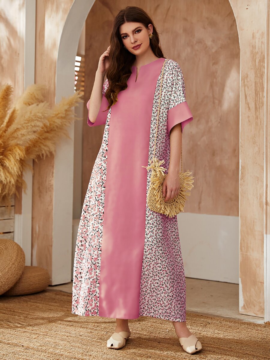 Al Najma Contrast Floral Print Notch Neck Dress Kaftan Jalabiya Dress - Pink - View 1