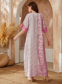 Al Najma Contrast Floral Print Notch Neck Dress Kaftan Jalabiya Dress - Pink - View 2
