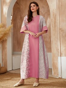 Al Najma Contrast Floral Print Notch Neck Dress Kaftan Jalabiya Dress - Pink - View 3