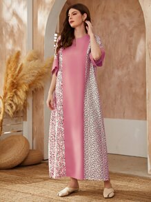 Al Najma Contrast Floral Print Notch Neck Dress Kaftan Jalabiya Dress - Pink - View 4
