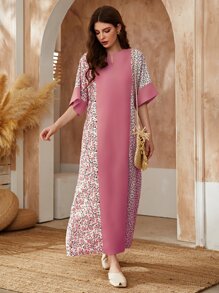 Al Najma Contrast Floral Print Notch Neck Dress Kaftan Jalabiya Dress - Pink - View 6