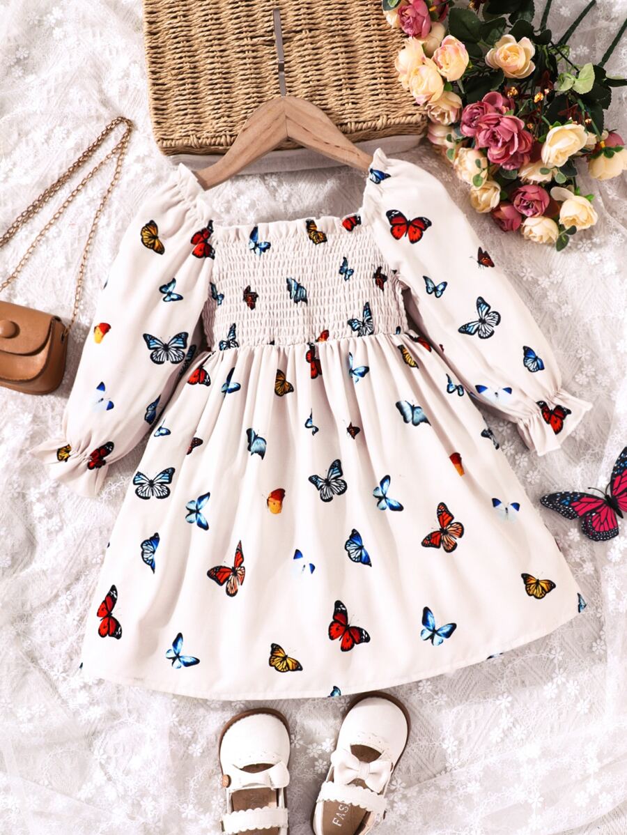 SHEIN 小女童蝴蝶圖案荷葉袖打攬連衣裙 - 杏色 - 查看 1