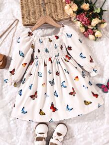 SHEIN 小女童蝴蝶圖案荷葉袖打攬連衣裙 - 杏色 - 查看 2
