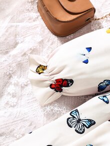 SHEIN 小女童蝴蝶圖案荷葉袖打攬連衣裙 - 杏色 - 查看 3