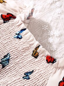 SHEIN 小女童蝴蝶圖案荷葉袖打攬連衣裙 - 杏色 - 查看 5