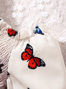 SHEIN 小女童蝴蝶圖案荷葉袖打攬連衣裙 - 杏色 - 查看 7