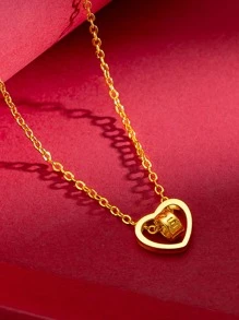 Letter Detail Circle & Heart Charm Necklace - Yellow Gold - View 1