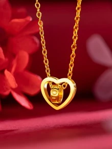 Letter Detail Circle & Heart Charm Necklace - Yellow Gold - View 2