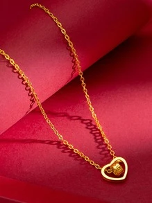 Letter Detail Circle & Heart Charm Necklace - Yellow Gold - View 3