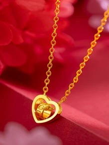 Letter Detail Circle & Heart Charm Necklace - Yellow Gold - View 4