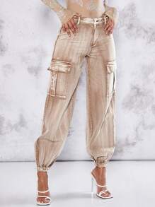 SHEIN BAE Flap Pocket Cargo Trousers - Khaki - View 1