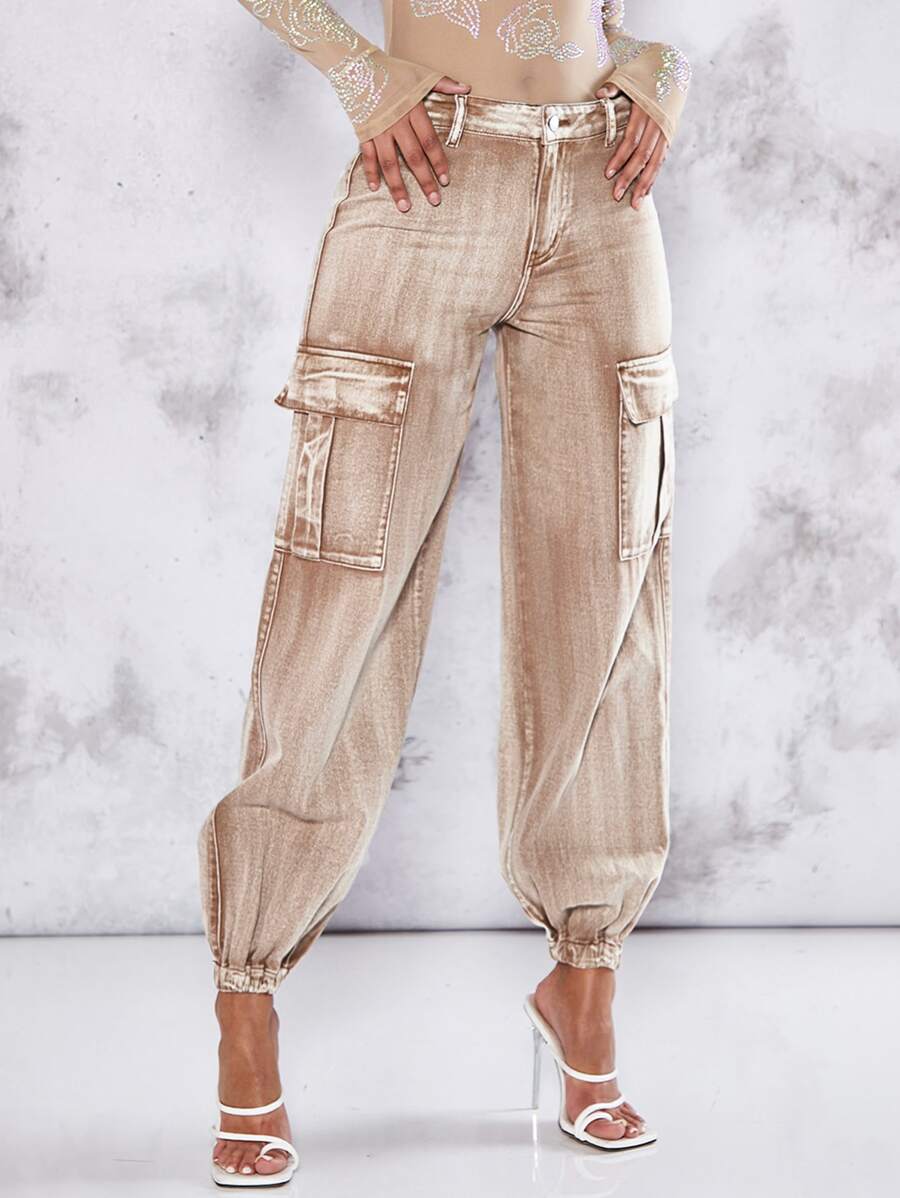 SHEIN BAE Flap Pocket Cargo Trousers - Khaki - View 1